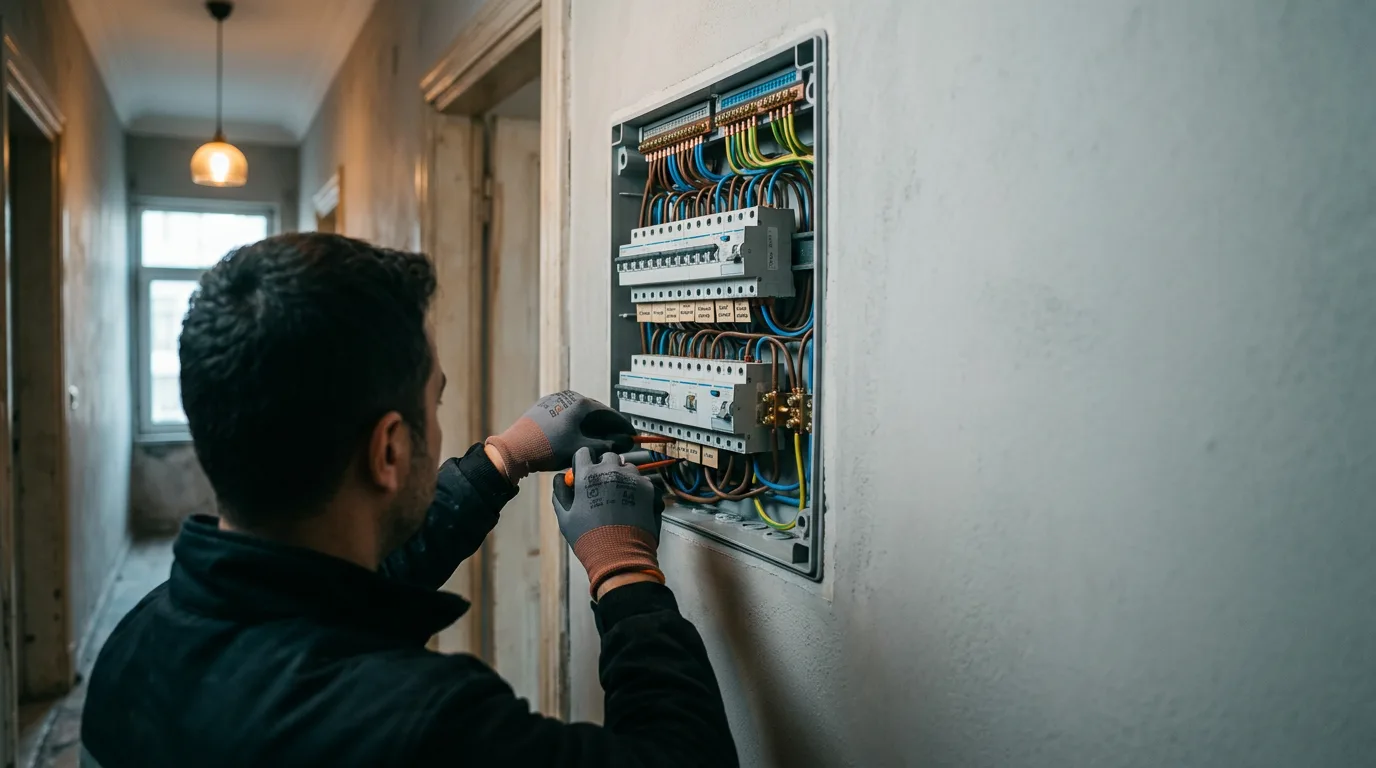 Elektrikçi ustanın eldivenli elleri apartman koridorundaki sigorta panosunda çalışıyor.